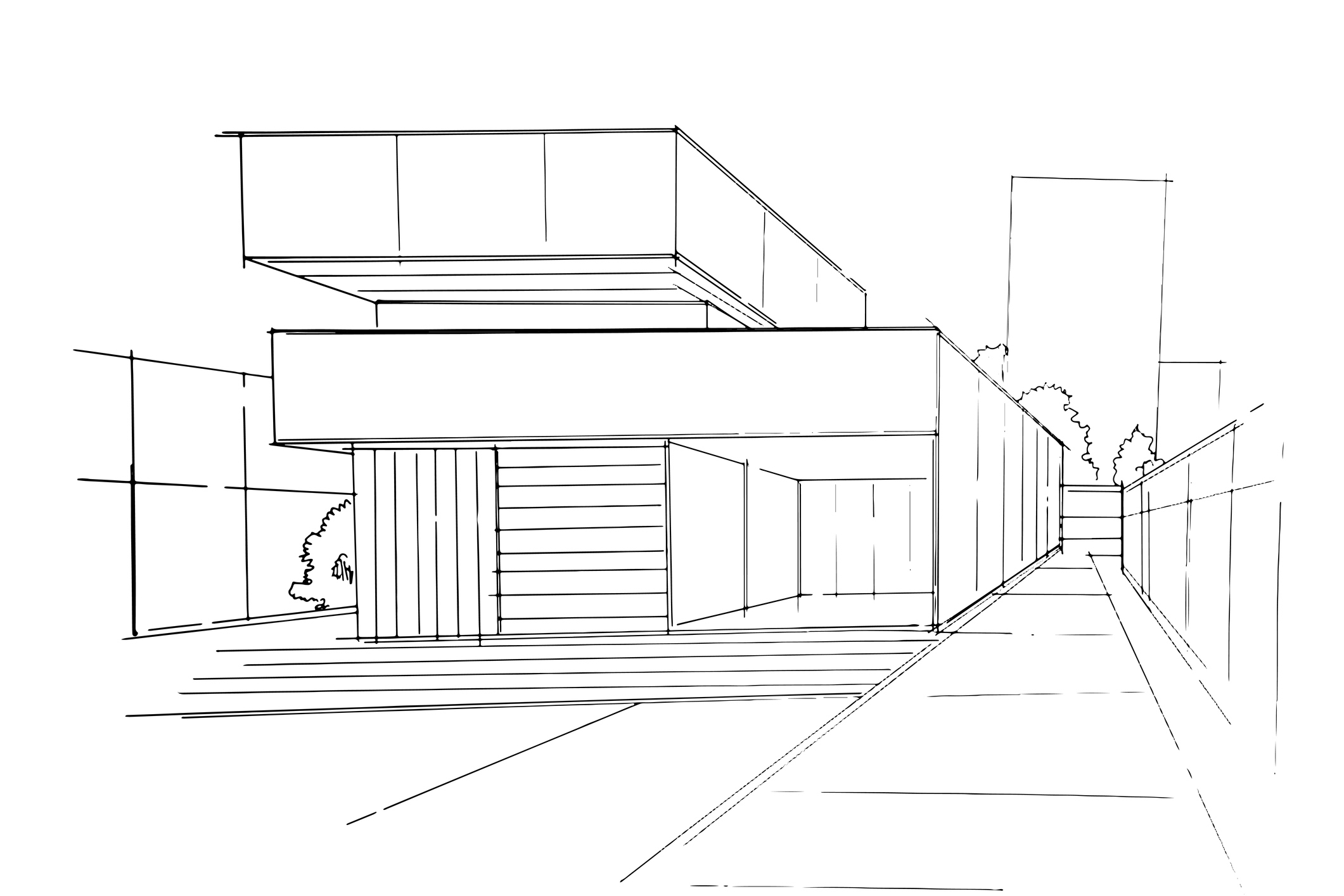 Strichzeichnung eines modernen, kastenförmigen Gebäudes mit großen Fenstern und einem Gehweg daneben.