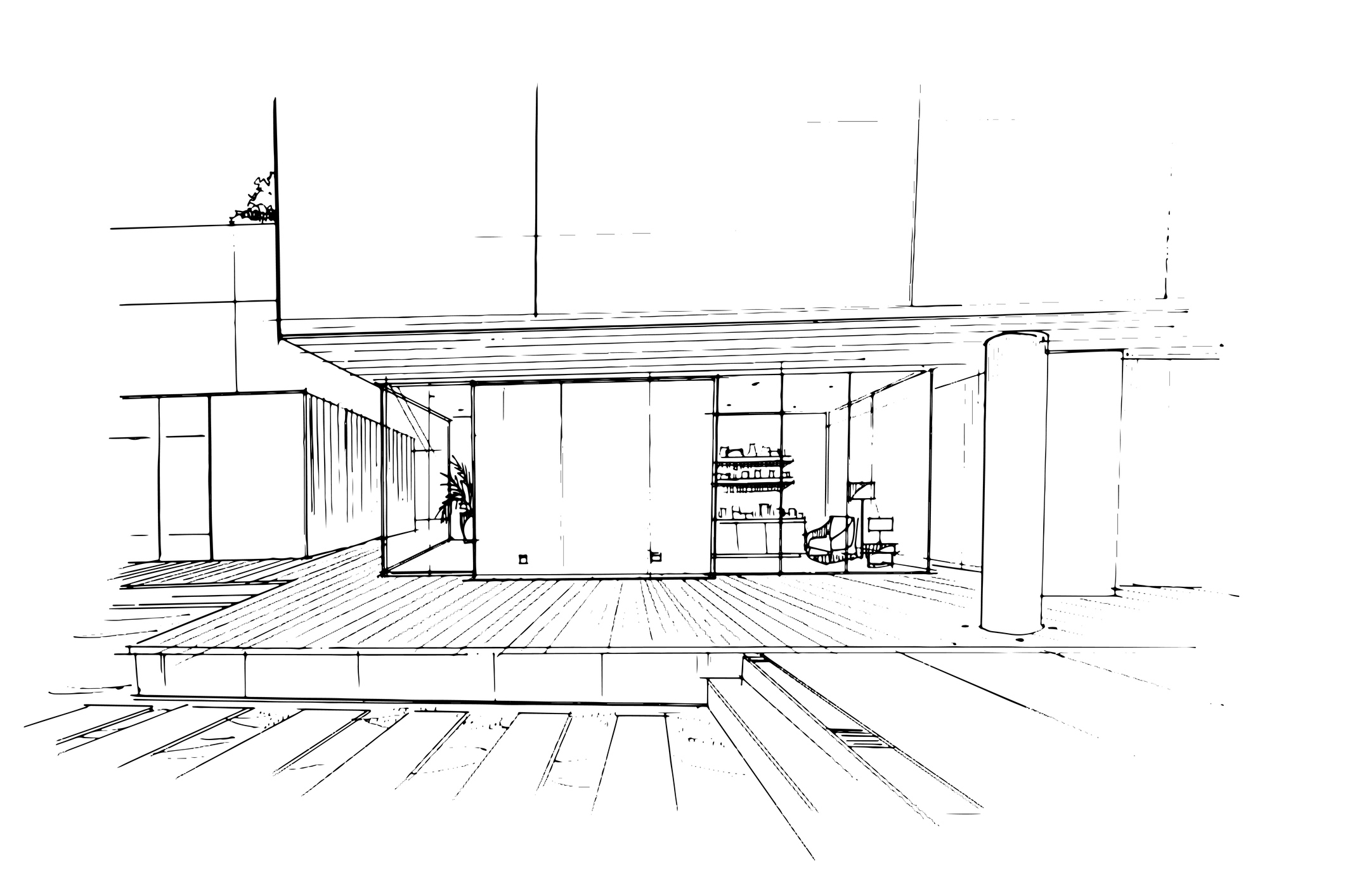 Strichzeichnung eines modernen Hauses mit großen Glasfenstern, einer Terrasse und minimalistischen Außen- und Innenräumen.