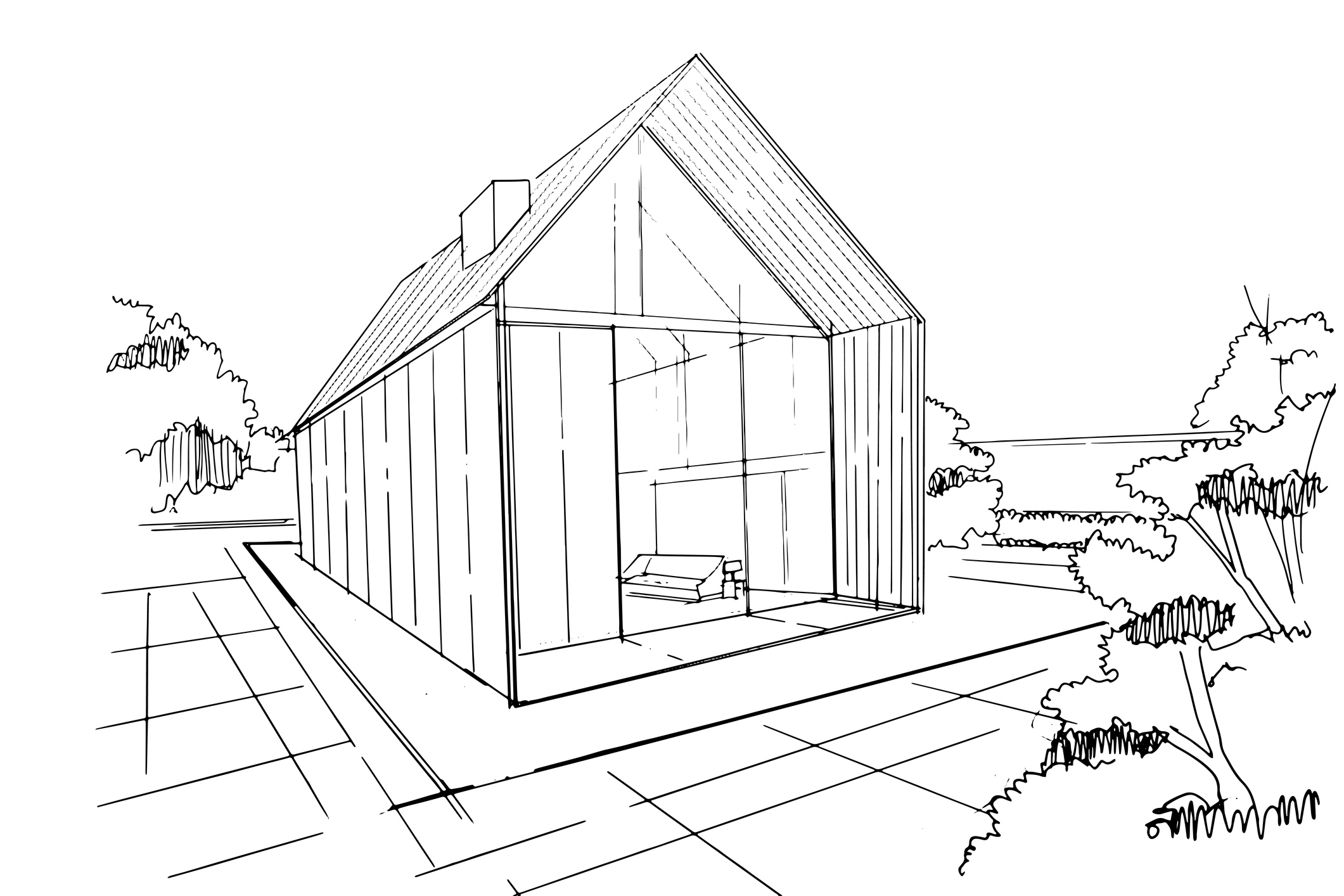 Strichzeichnung eines modernen Hauses mit großen Glasfenstern und einer sichtbaren Couch im Inneren, umgeben von Bäumen.