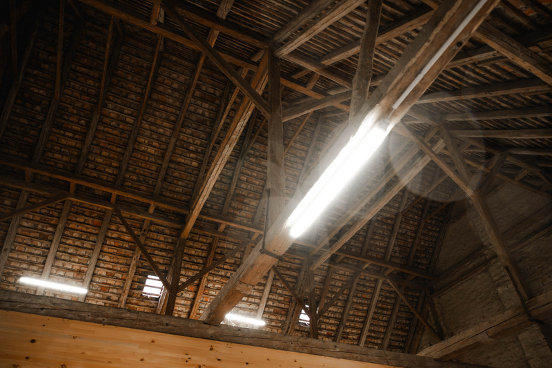 Holzbalken und Sparren einer Scheunendecke mit Leuchtstoffröhren und etwas Sonnenlicht, das durchdringt.
