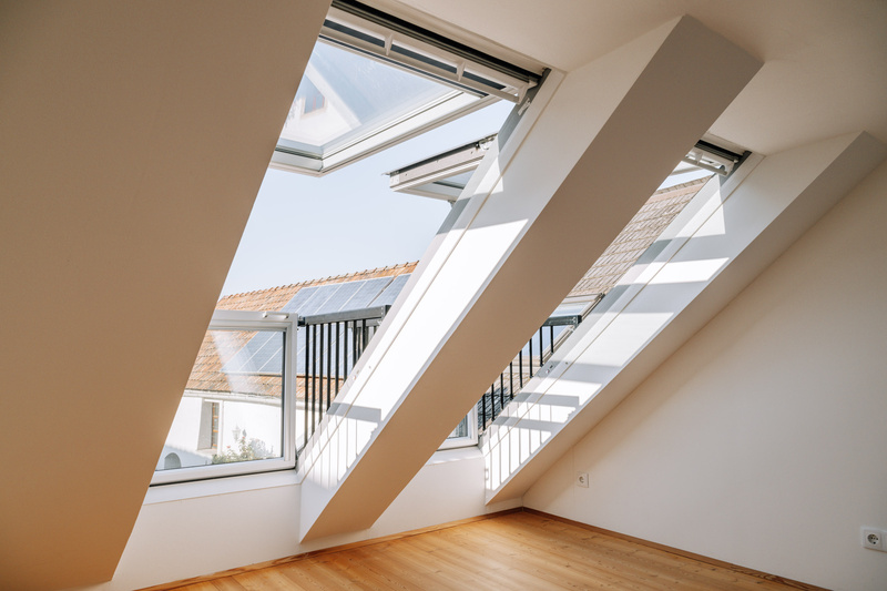 Große Dachfenster geben den Blick auf Dächer mit Sonnenkollektoren frei und lassen das Sonnenlicht in einen hellen Raum.