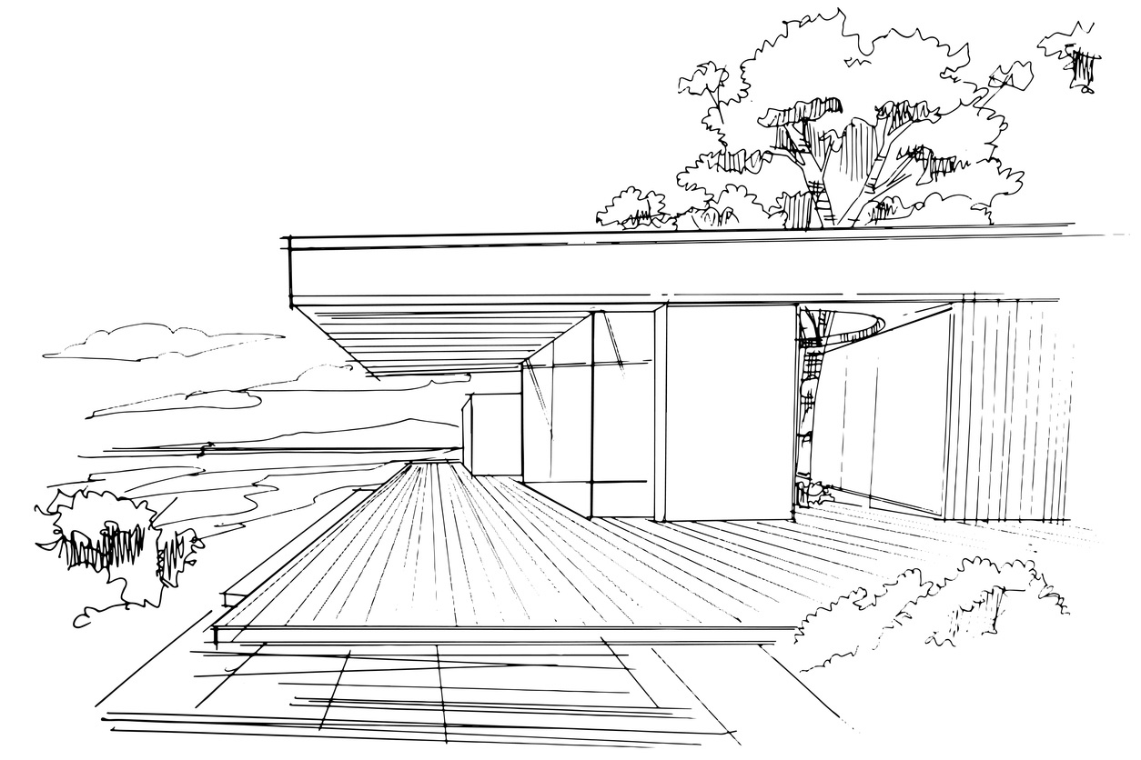 Schwarz-Weiß-Skizze eines modernen Hauses mit großen Fenstern, einer Terrasse und umliegenden Bäumen.