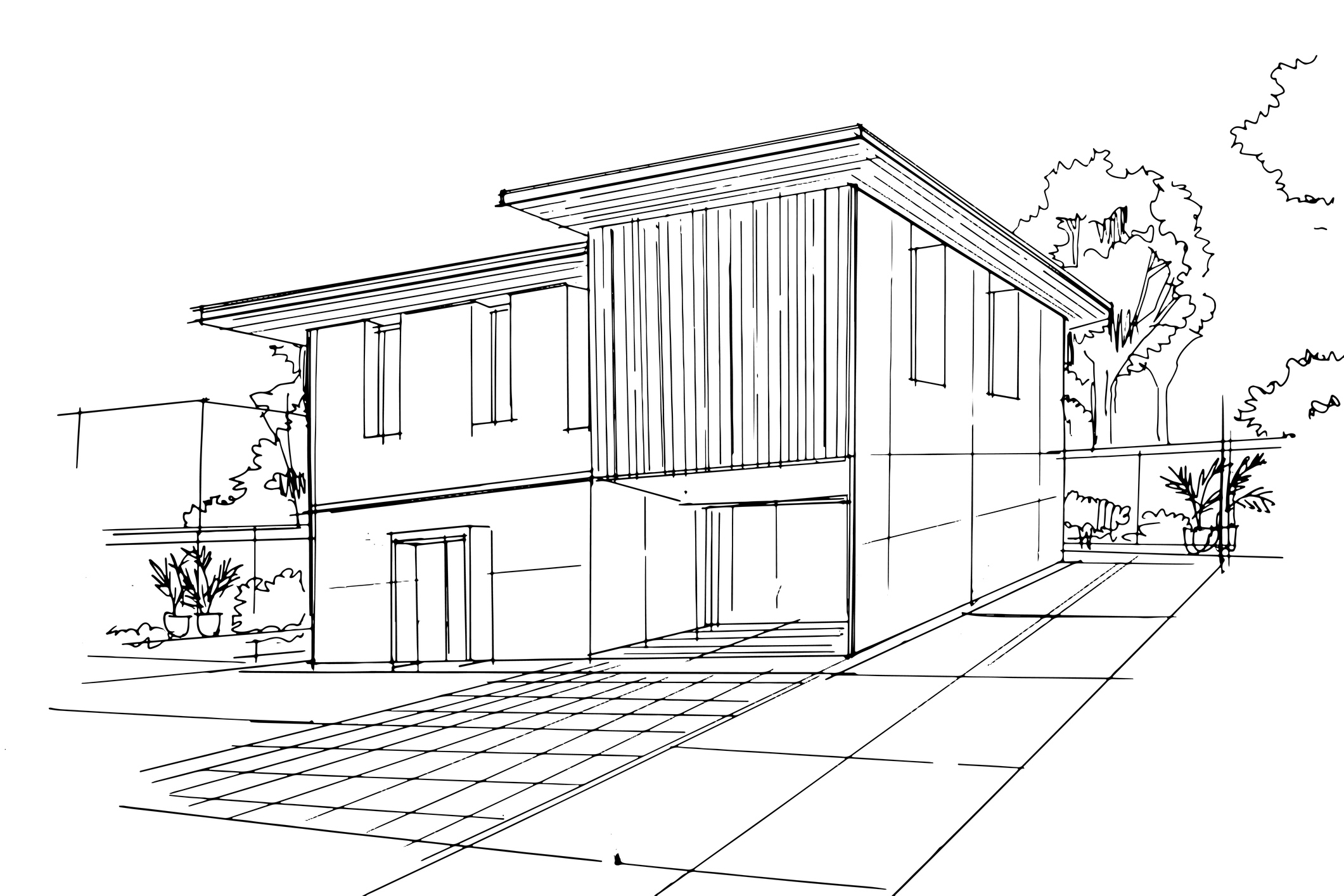Strichzeichnung eines modernen zweistöckigen Hauses mit großen Fenstern, einem Flachdach und Bäumen in der Umgebung.