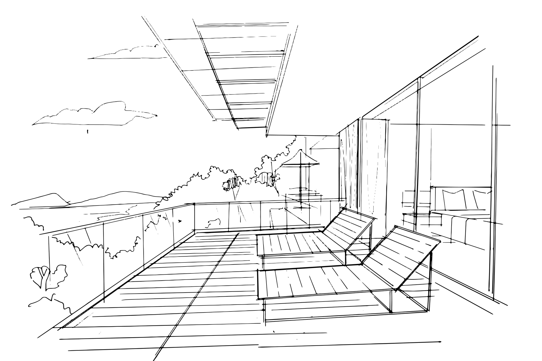 Strichzeichnung einer modernen Terrasse mit Liegestühlen, Glasgeländer und Blick auf Bäume und ferne Hügel.